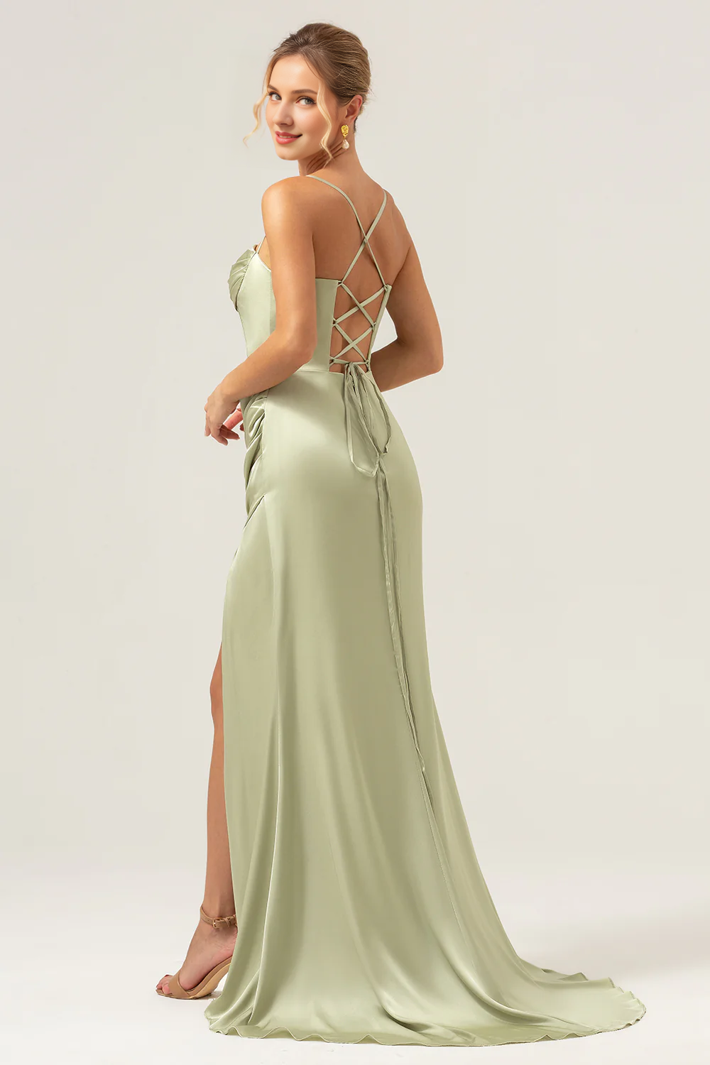 Sage tail collar pleated tight corset long slit satin bridesmaid dress