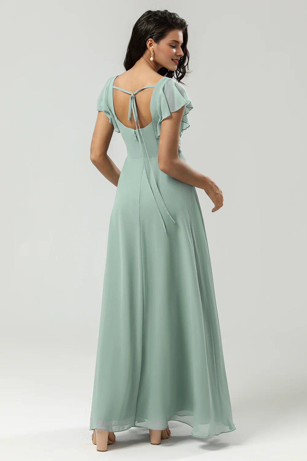 A-line square collar and floor chiffon slit bridesmaid dress