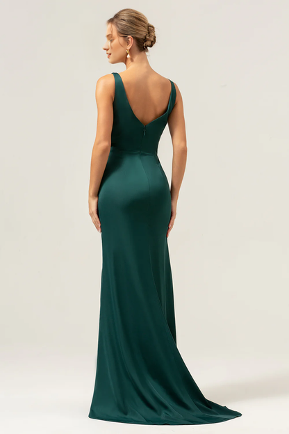 Deep green fish tail V-neck pleated high-low slit satin bridesmaid dress