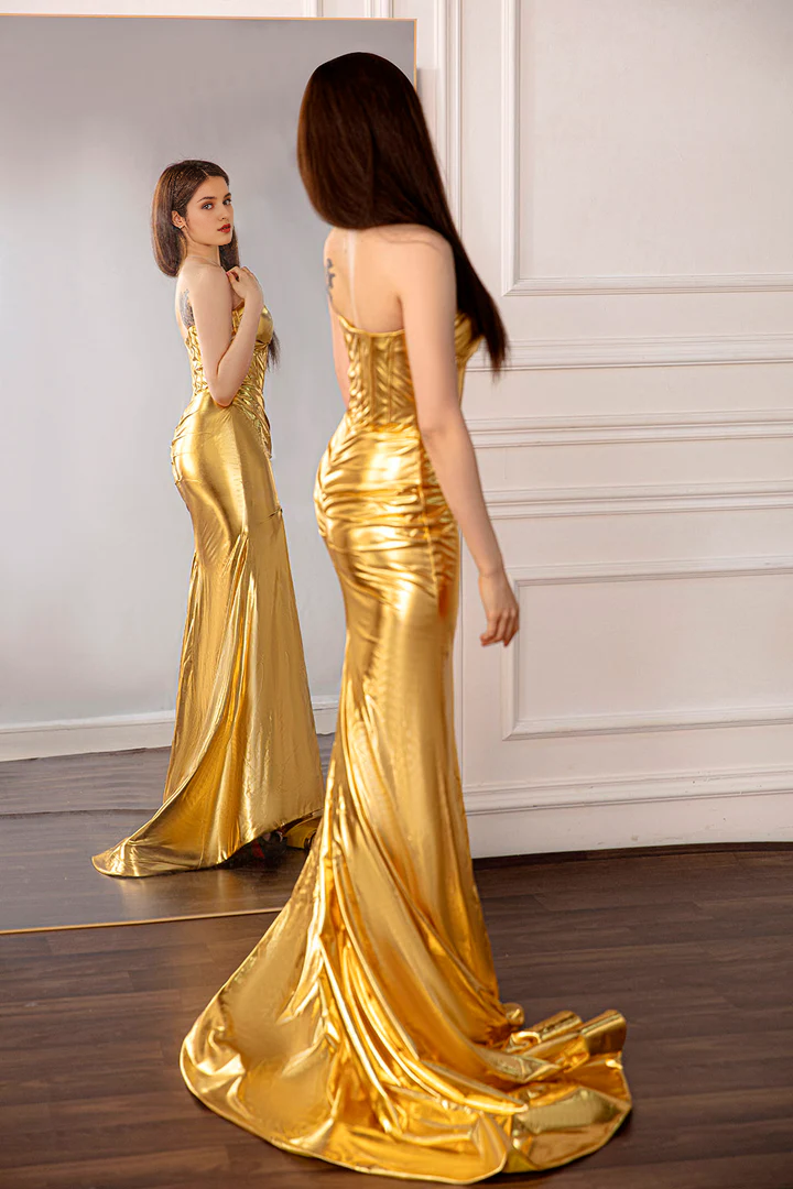 Gold strapless backless and floor length Prom dress