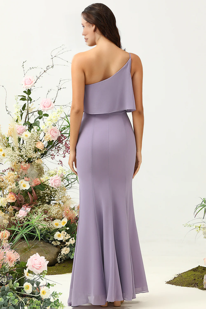 Purple fish tail shoulder lotus leaf edge chiffon bridesmaid dress