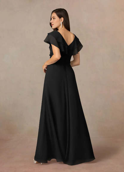 A-link V-neck pleated chiffon and floor length mother of bride dress