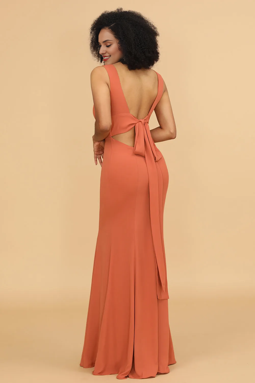 V-neck fishtail backless and floor length bridesmaid dress