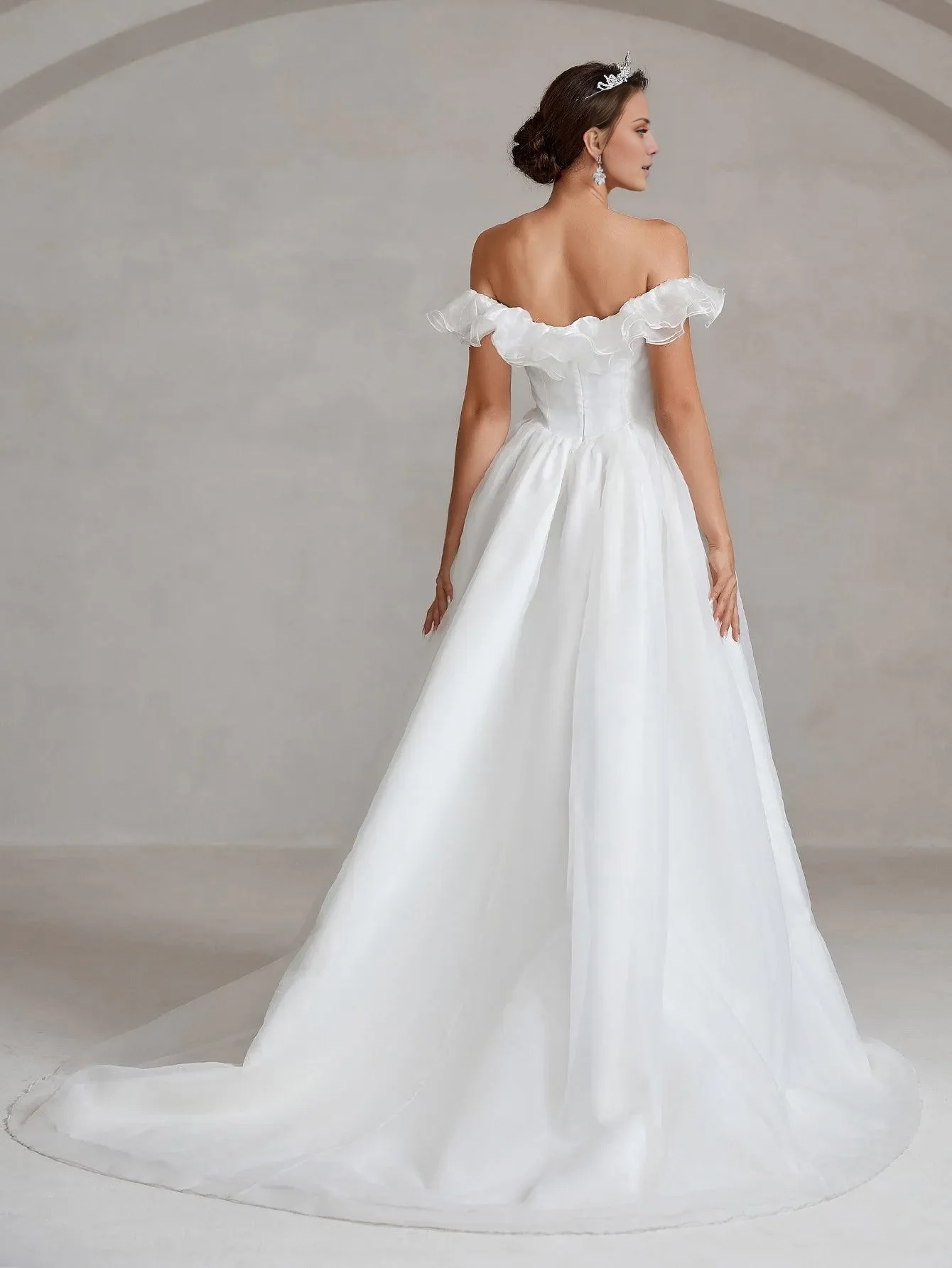 Off shoulder satin tight corset and floor length wedding dress