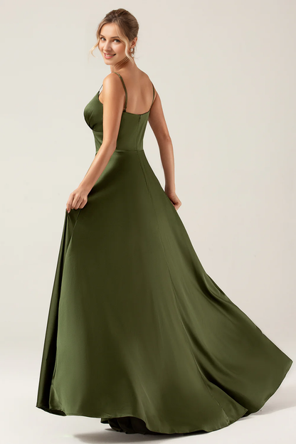 Olive A-line slim shoulder strap slit long bridesmaid dress