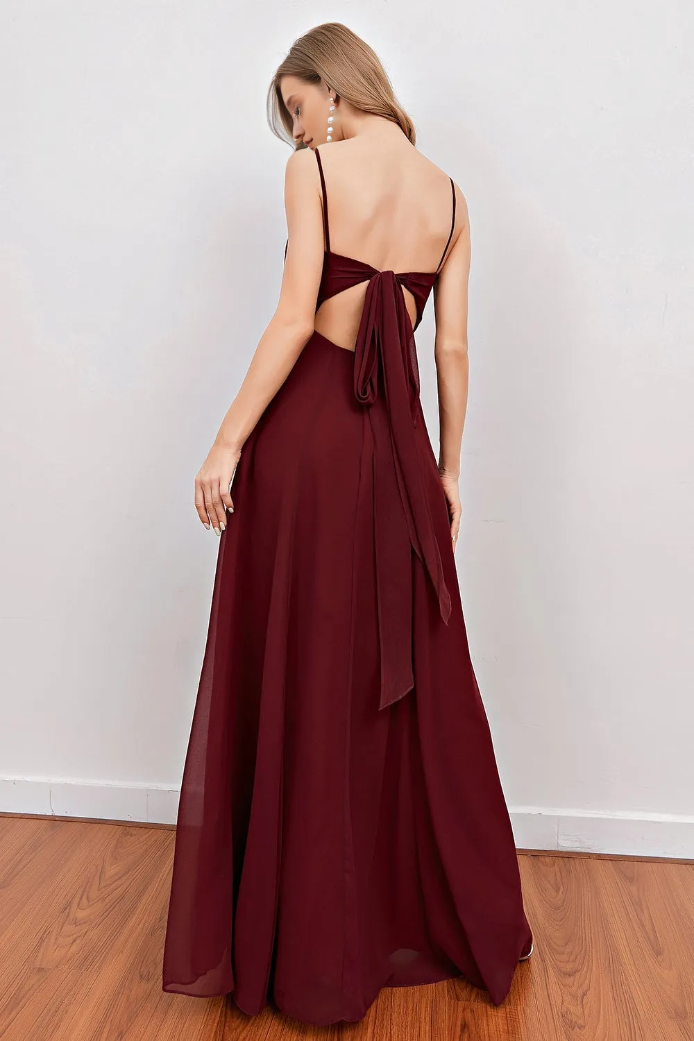 Wine red slit thin shoulder strap long bridesmaid dress