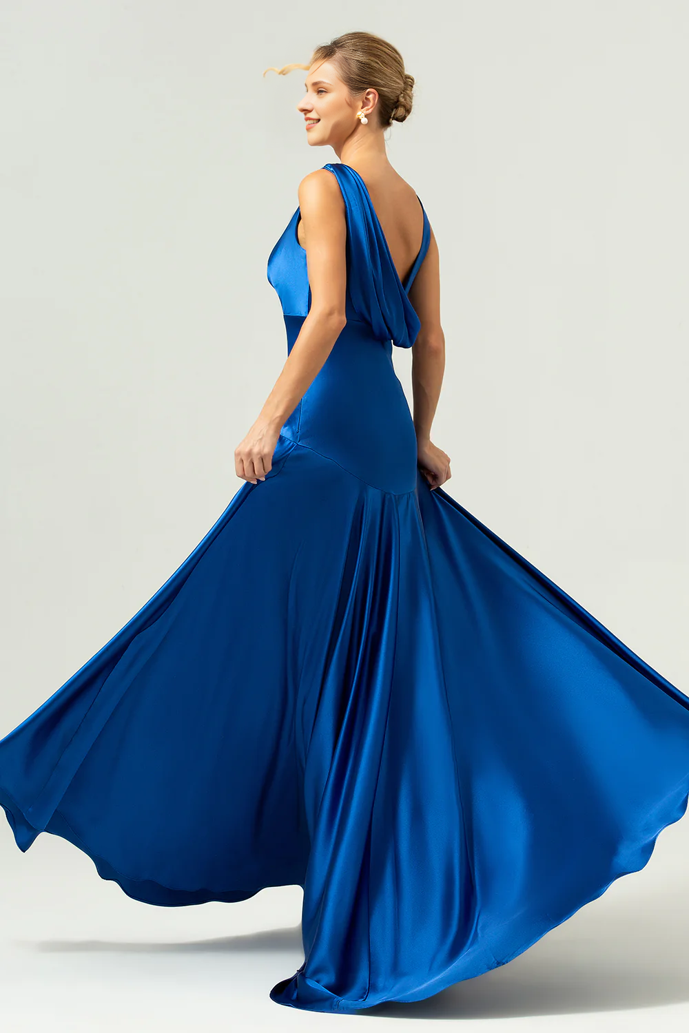 A-line V-neck satin pleated long slit dark blue bridesmaid dress