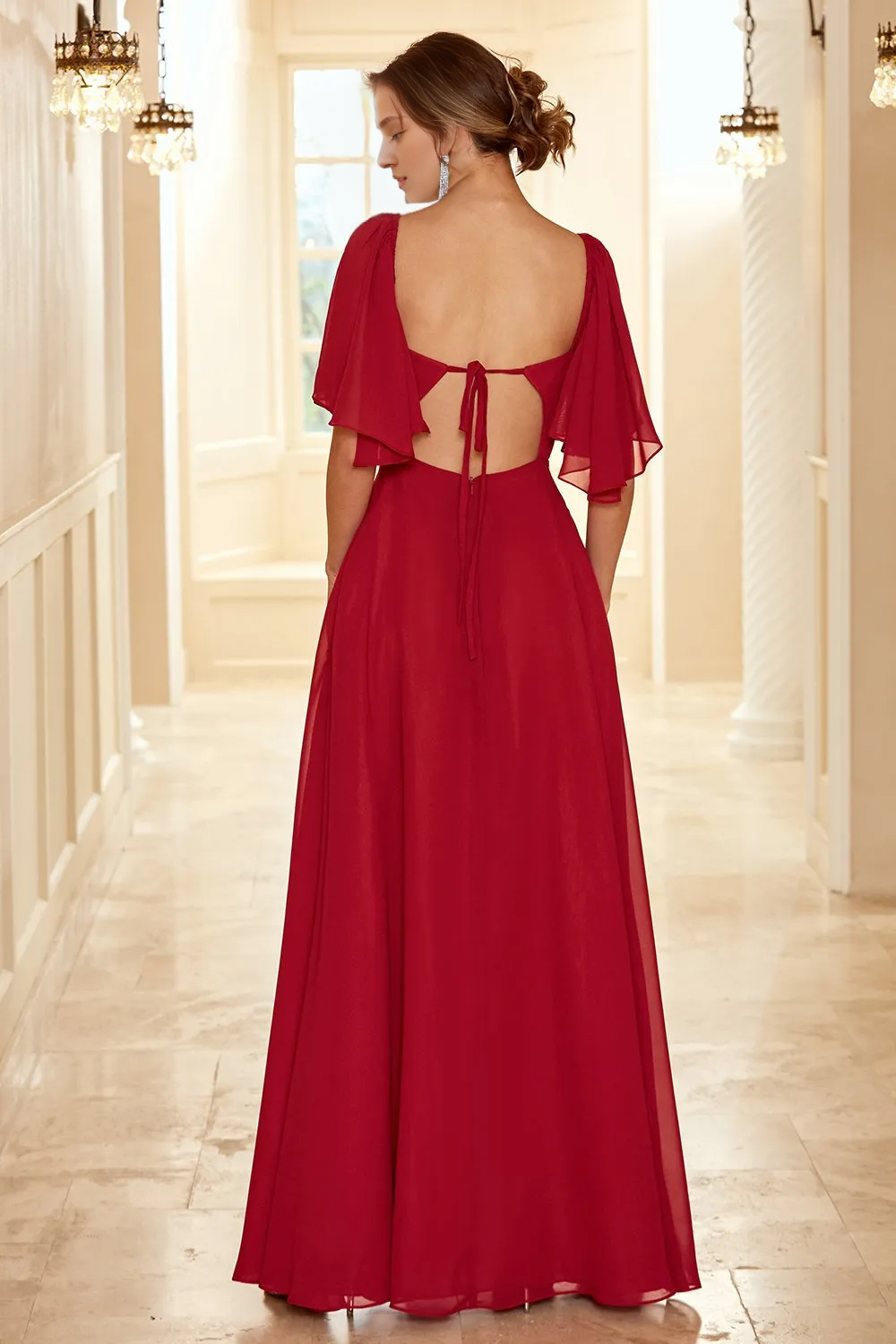 Wine red backless Bohemian style ruffled bridesmaid dress