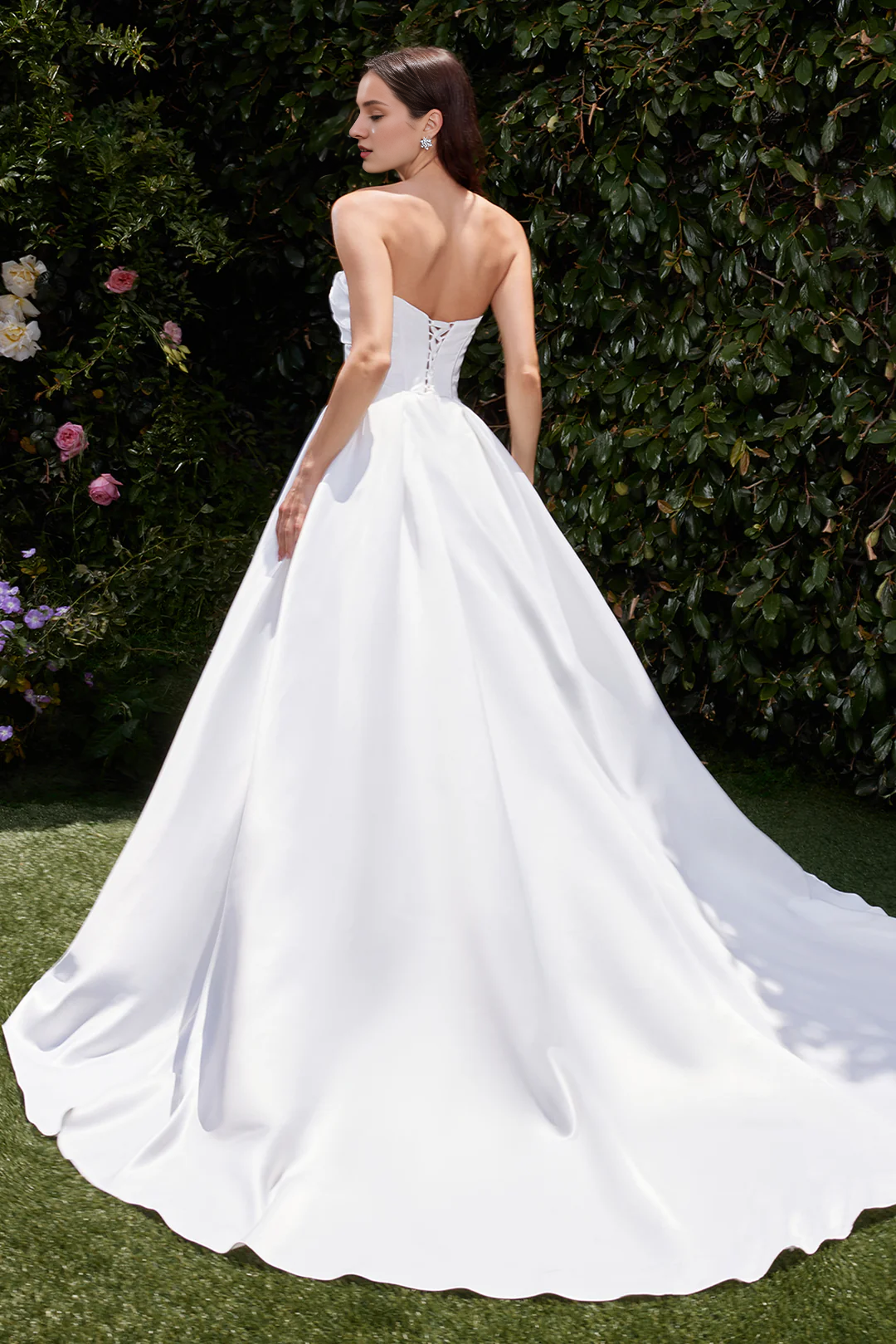 Satin long strapless and floor length wedding dress