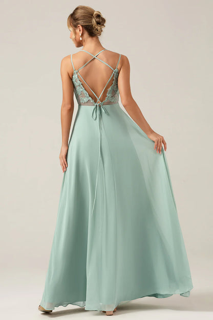 Matcha A-line slim shoulder chiffon and floor pleated bridesmaid dress