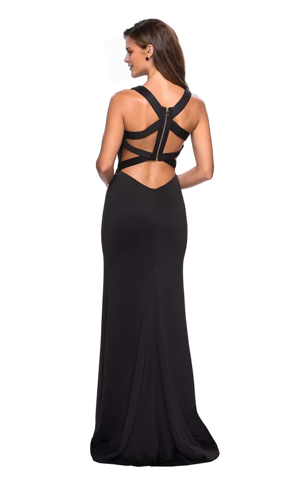 Square neck and thigh high slit tight and floor length evening gown