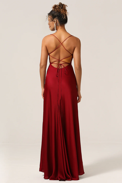 Wine red A-line thin shoulder strap and satin bridesmaid dress