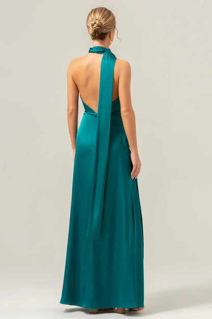 Peacock Sheath Deep V-neck Folded Bareback Long Satin Bridesmaid Dress