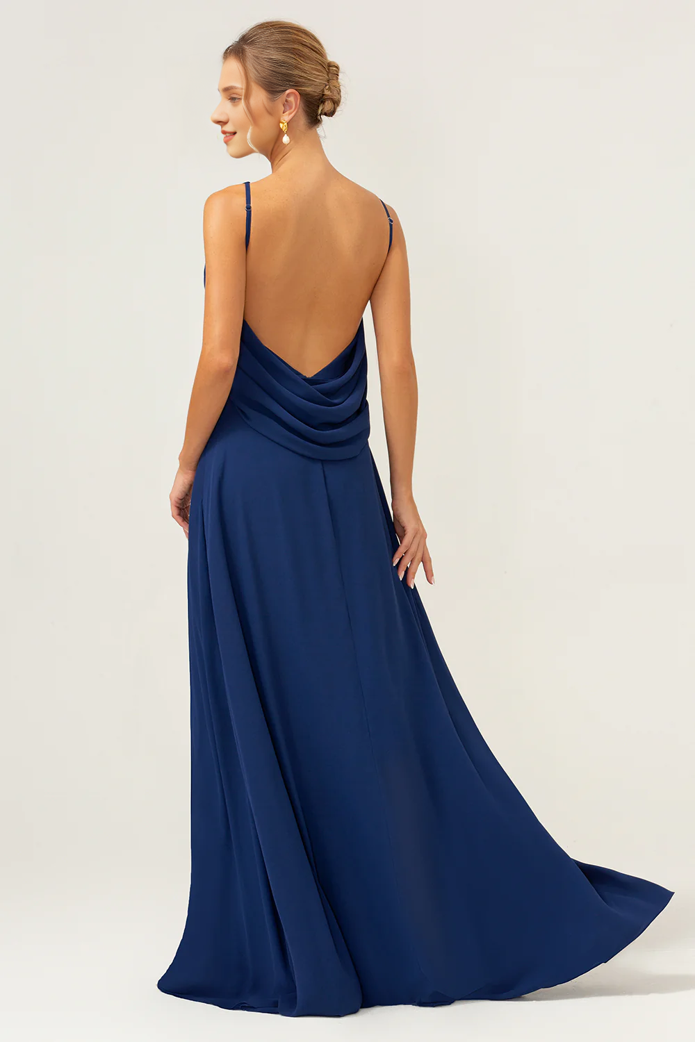 Fish tail backless long chiffon navy blue sleeveless bridesmaid dress