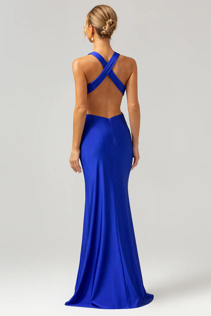 Tail cut pleated backless long royal blue bridesmaid dress