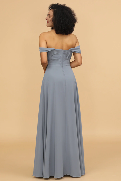 Grey blue A-line shoulder length chiffon bridesmaid dress