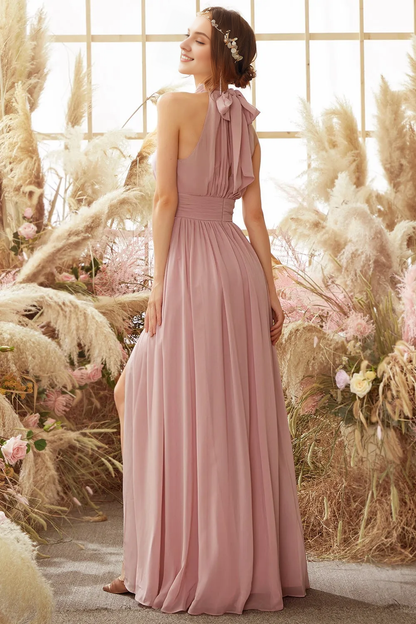 Hanging neck pleated chiffon bridesmaid dress