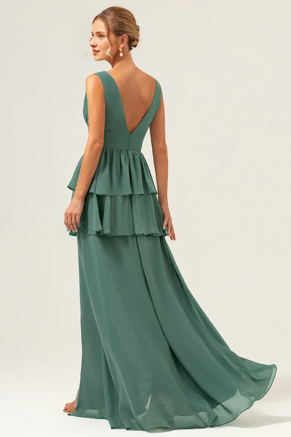 Eucalyptus A-line V-neck layered long ruffled bridesmaid dress