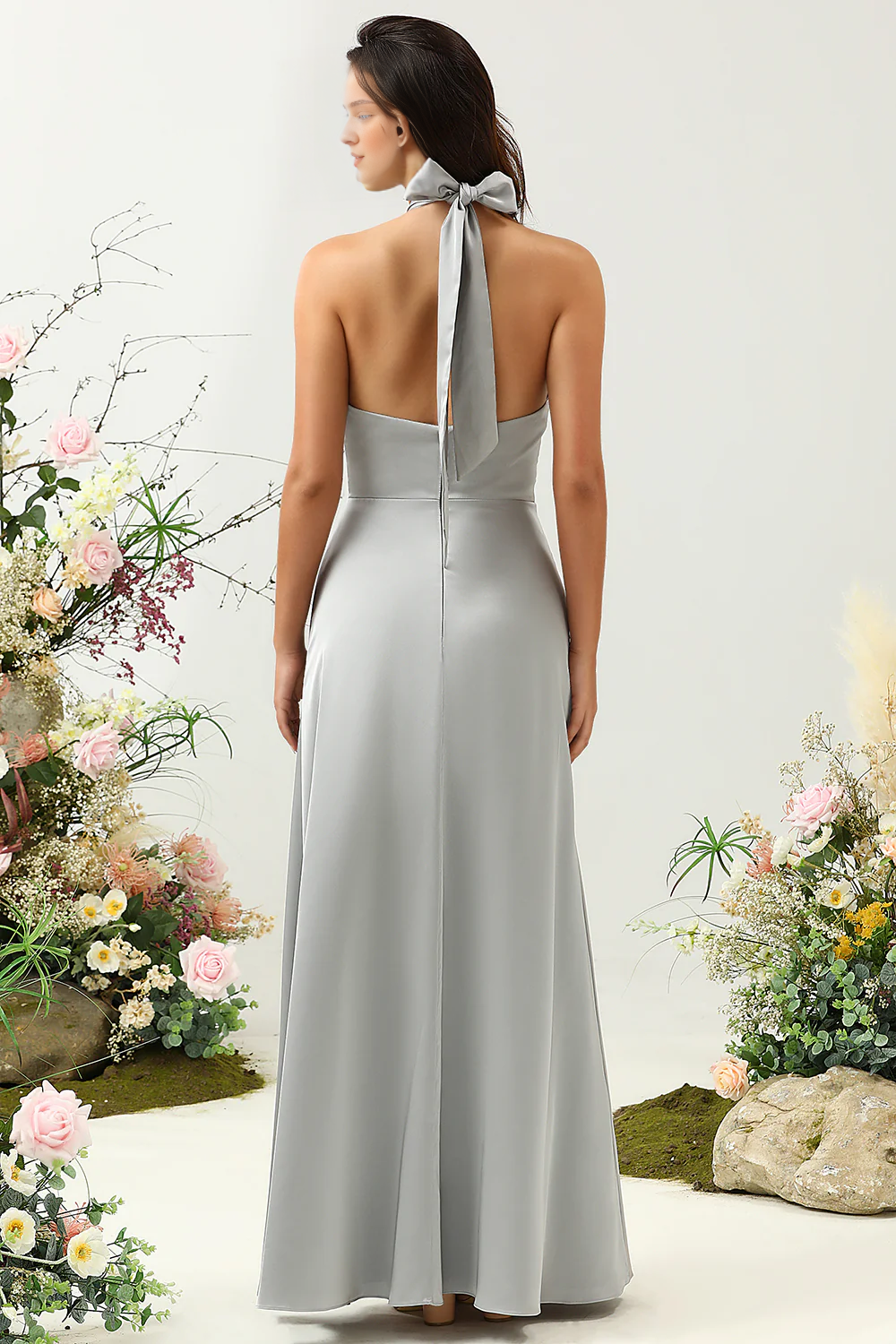 Grey A-line hanging neck shiny satin floor length slit bridesmaid dress