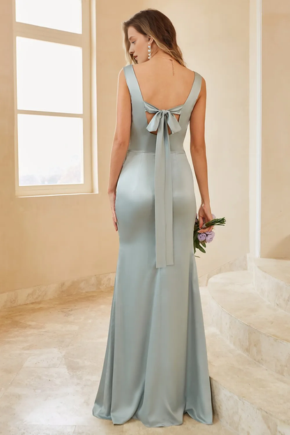 Light green slit satin back bow bow front slit bridesmaid dress