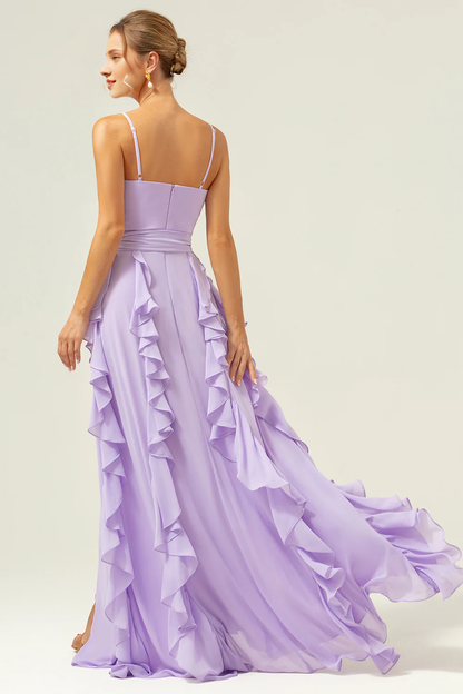 Lilac purple A-line slim shoulder chiffon long slit ruffled bridesmaid dress