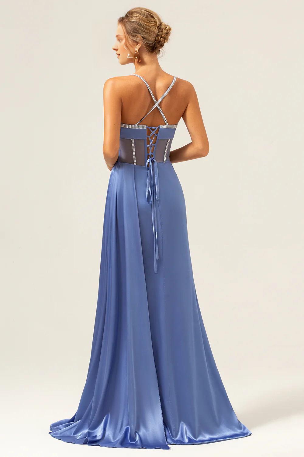 Blue tight slim shoulder strap sequined satin tight corset long slit ball dress