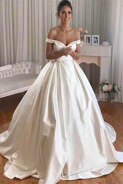 Simple Princess Ivory Ball Gown Sweetheart Satin Off the Shoulder Wedd ...