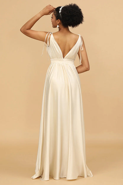 Ivory A-line deep V-neck backless long bridesmaid dress