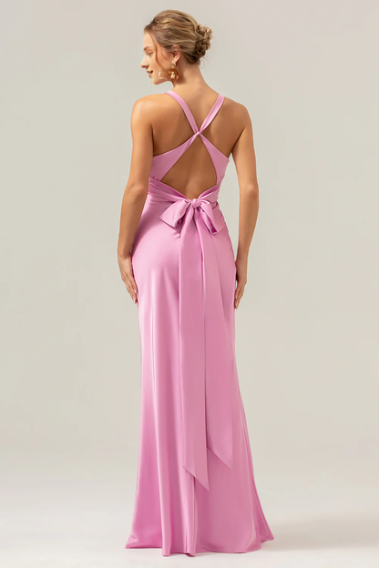 Pink fish tail deep V-neck pleated long bridesmaid dress