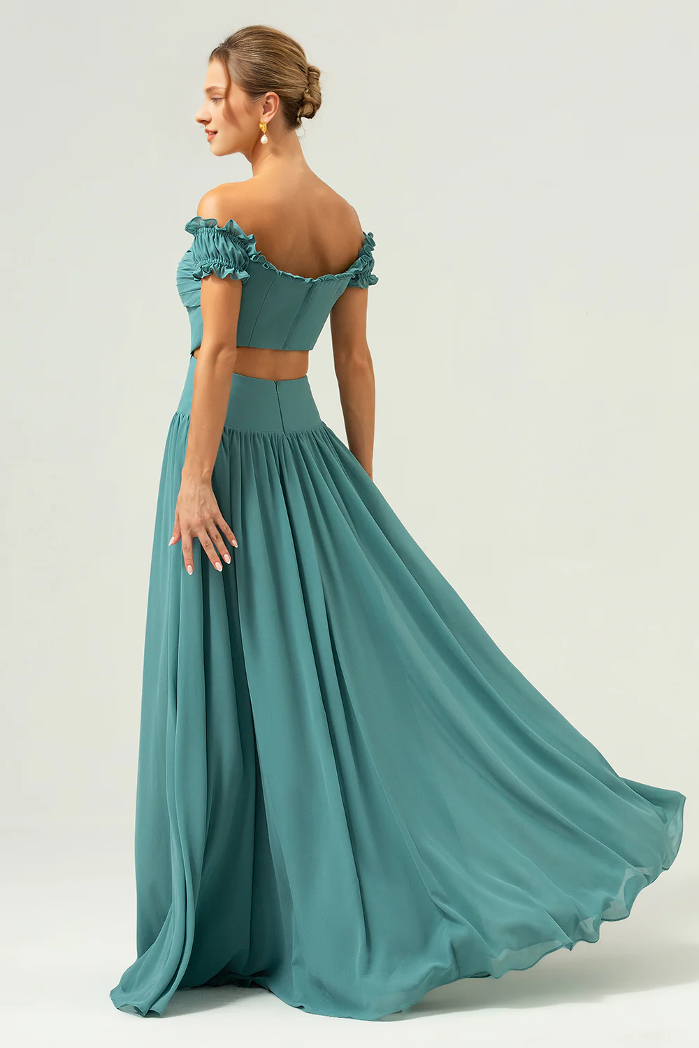 Eucalyptus A-line off shoulder pleated cut and ground length bridesmaid dress