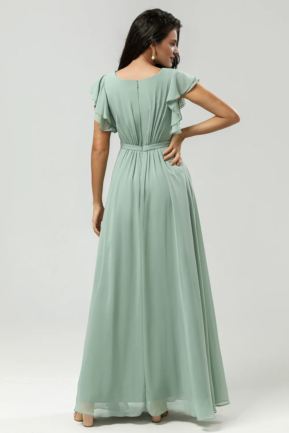 Matcha A-line round neck pleated and ground chiffon bridesmaid dress