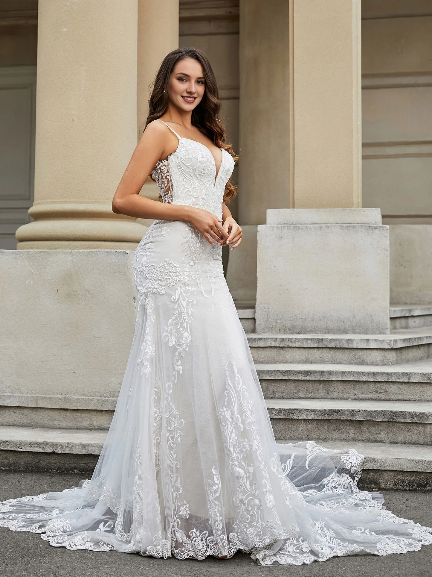 Fish tail lace church trailing wedding dress