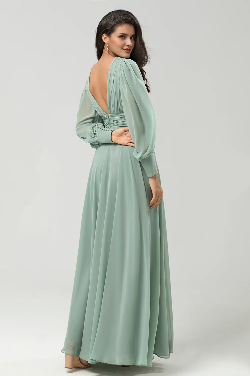 Matcha A-shaped detachable chiffon long sleeved bridesmaid dress