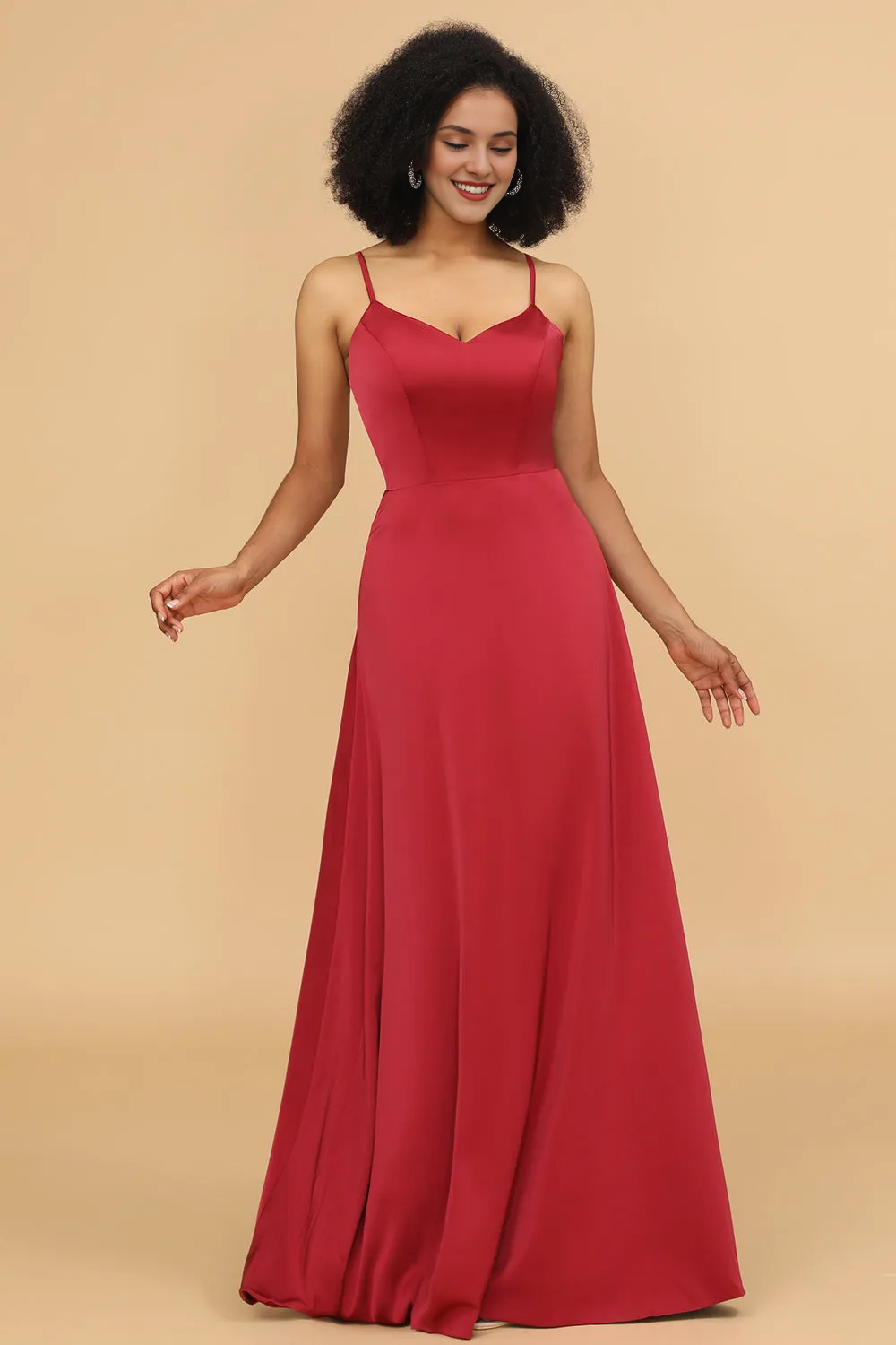 A-line satin thin shoulder strap tied back bridesmaid dress