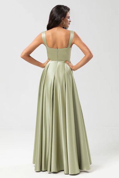 Dusty Sage A-line square collar and floor length satin bridesmaid dress