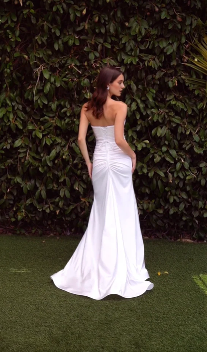 White strapless satin and floor length dress