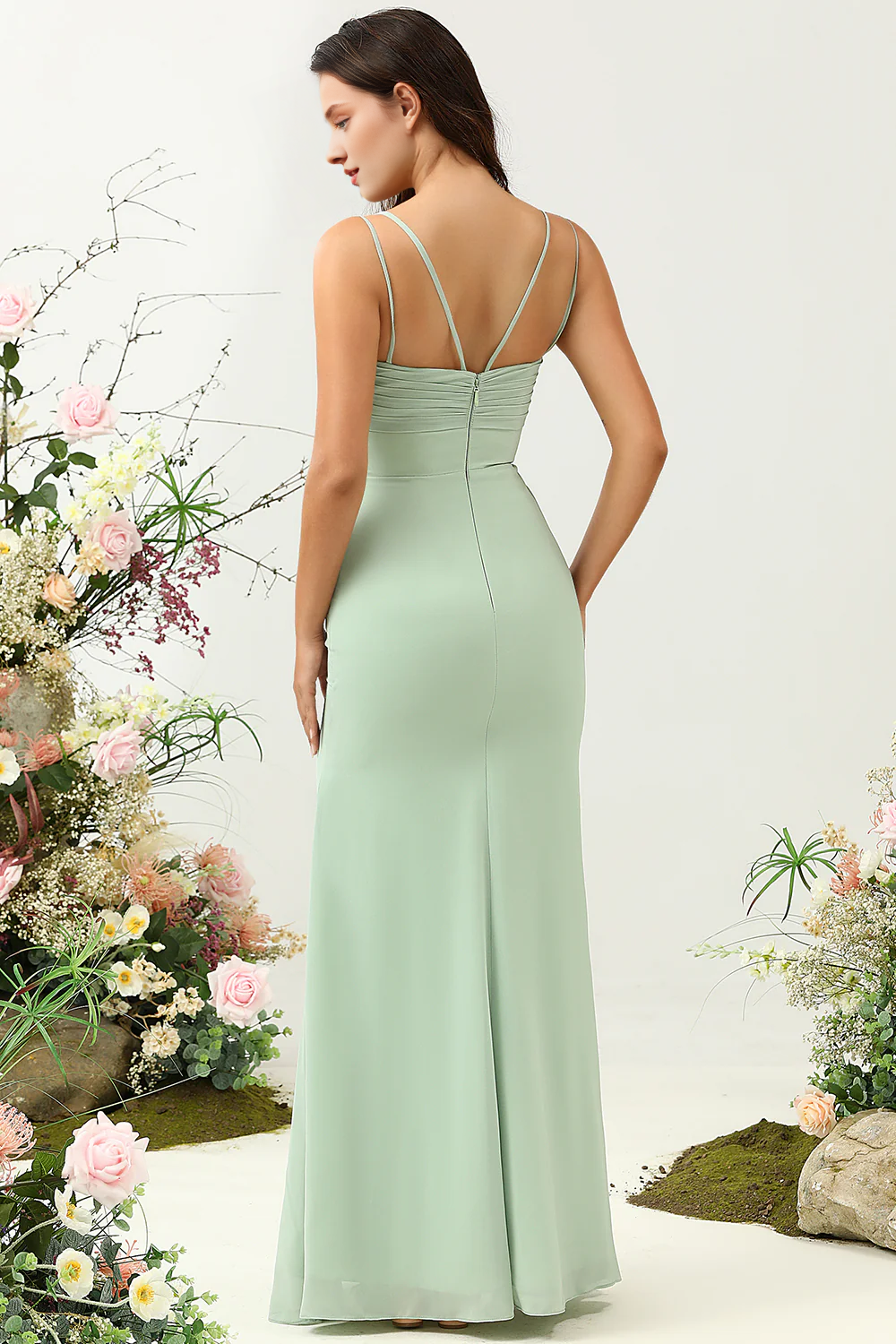 Sage fish tail hanging pleats thin shoulder straps pleated chiffon bridesmaid dress