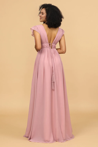 Pink V-neck long chiffon front slit and floor length bridesmaid dress