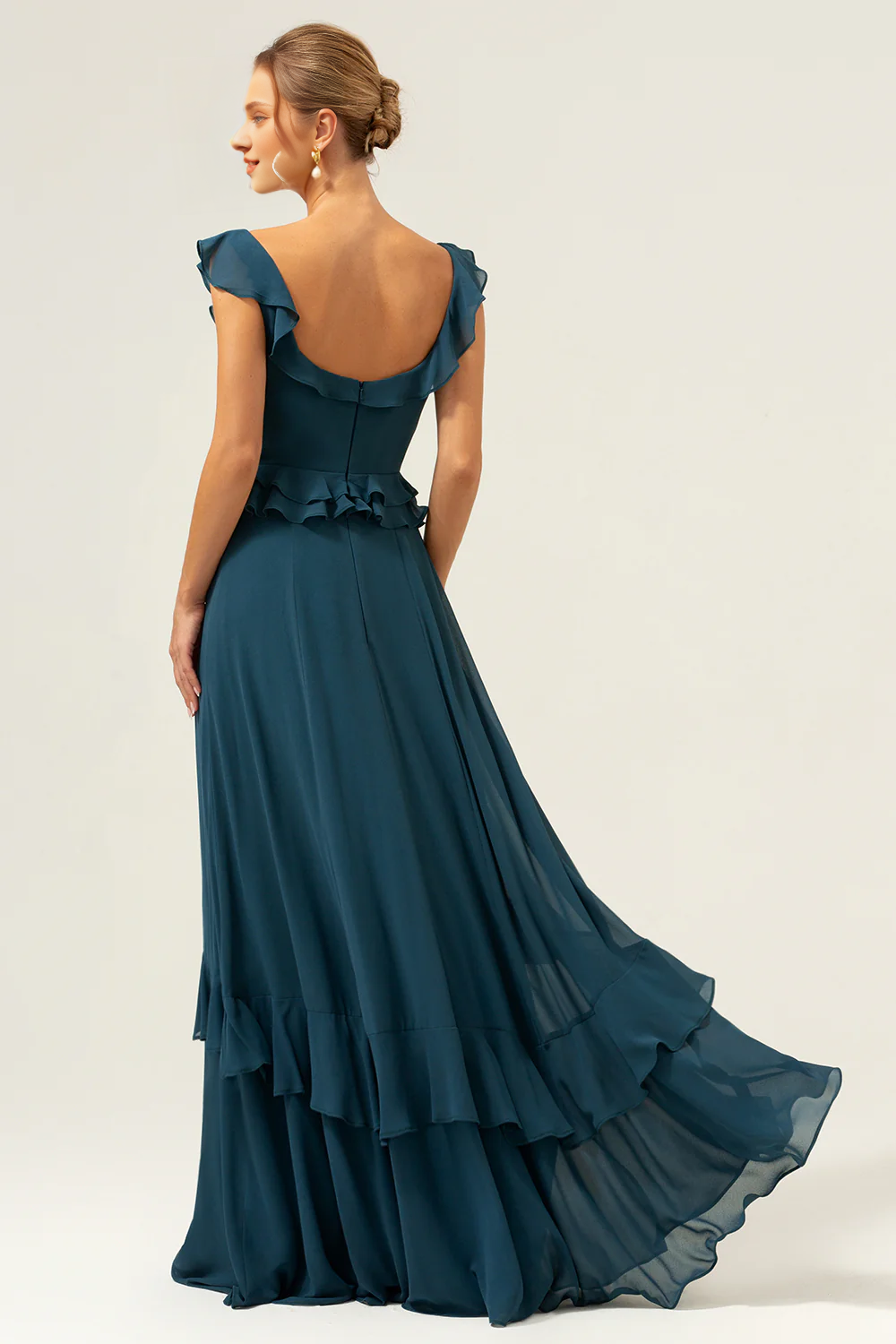 Deep peacock green A-line square neck layered chiffon long bridesmaid dress