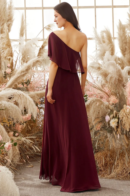 One shoulder burgundy chiffon bridesmaid dress