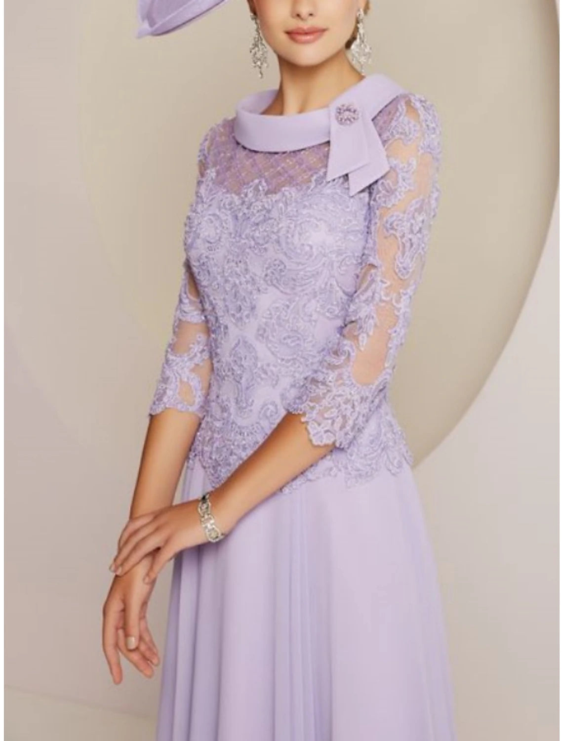 Sheath / Column Mother of the Bride Dress Fall Wedding Guest Party Sweet Scoop Neck Tea Length Chiffon Lace 3/4 Length Sleeve with Pleats Beading