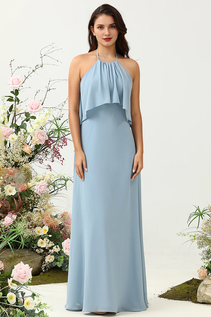 Mist A Line Ruffle Hanging Neck Sleeveless Chiffon Bridesmaid Dress