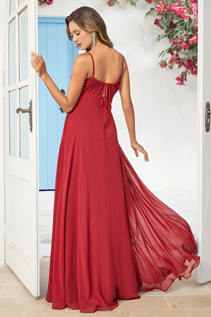 Wine red A-line thin shoulder chiffon long bridesmaid dress