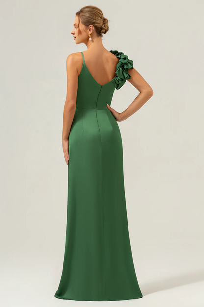 Tight fitting slim shoulder strap pleated satin olive green long slit bridesmaid dress