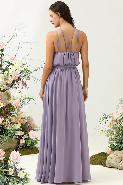 Grey purple A-line bow hanging neck long bridesmaid dress