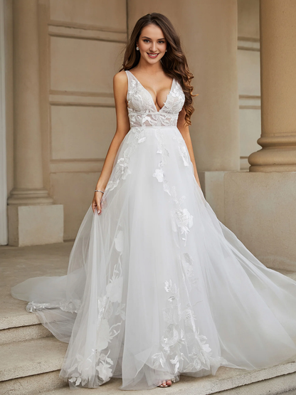 V-neck lace applique chiffon wedding dress