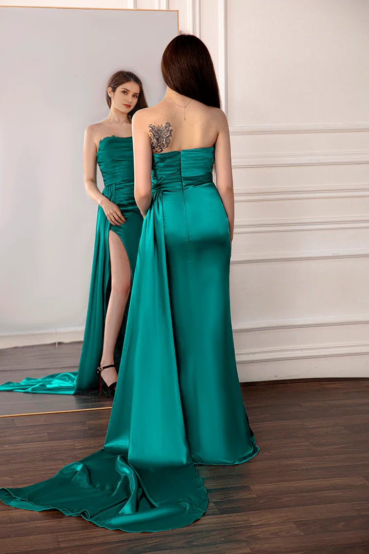 Green Satin strapless slit back zipper Prom dress