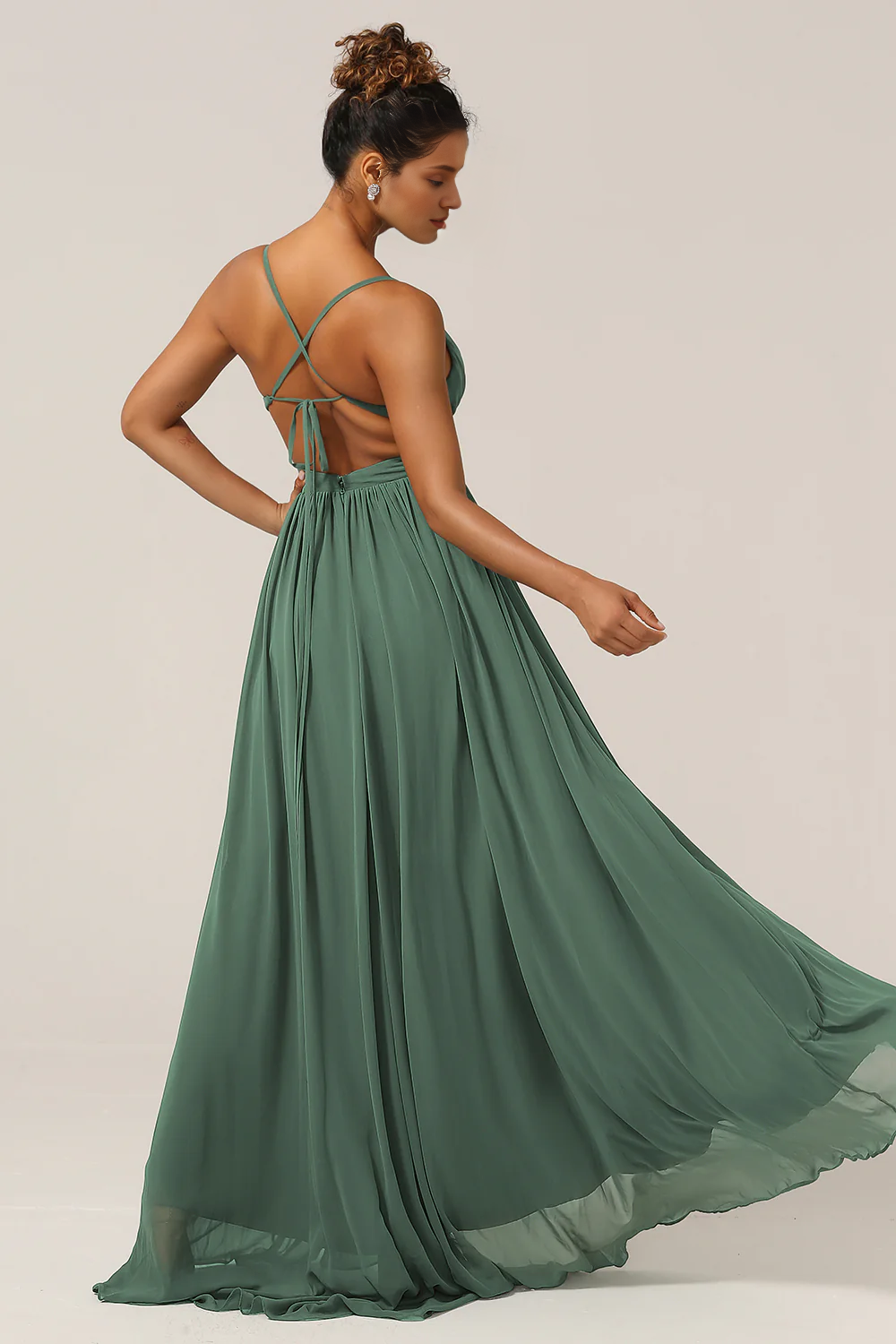 Eucalyptus A-line thin shoulder strap and ground chiffon slit bridesmaid dress