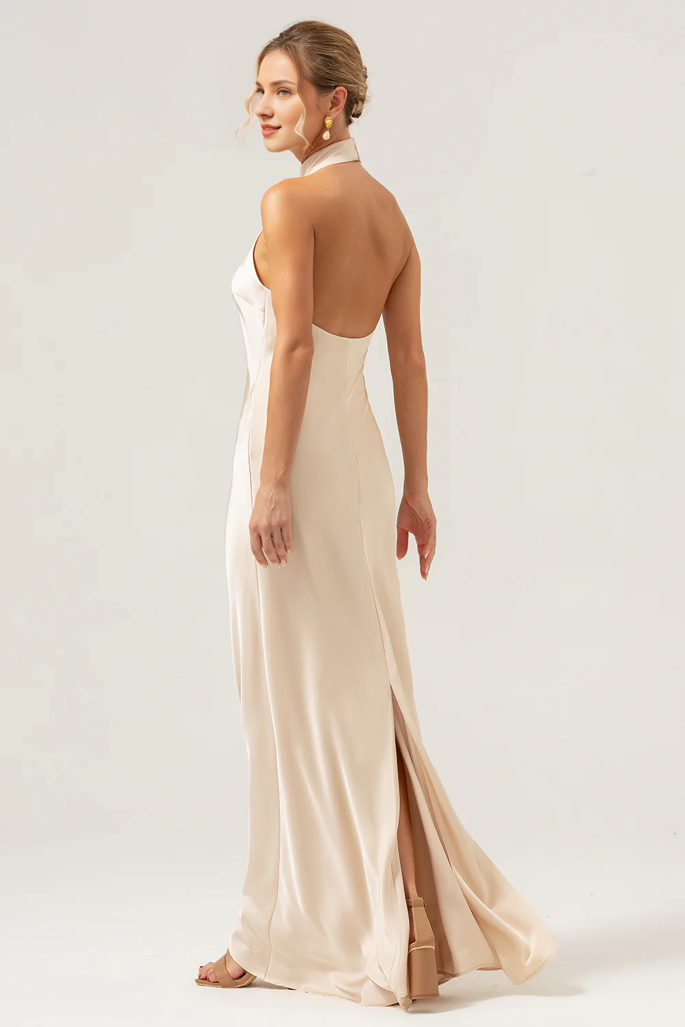 Champagne neck hanging backless slit long satin bridesmaid dress