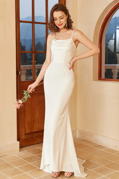 White thin shoulder strap with exposed back and floor minimalist wedding dress